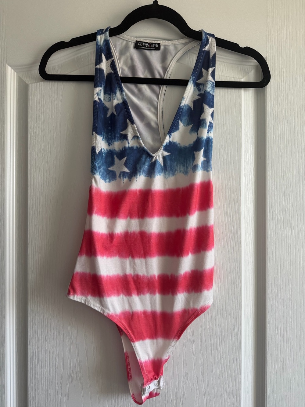 Fashion Nova Red White Blue Stars Stripes Patriotic Bodysuit Tie-Dye